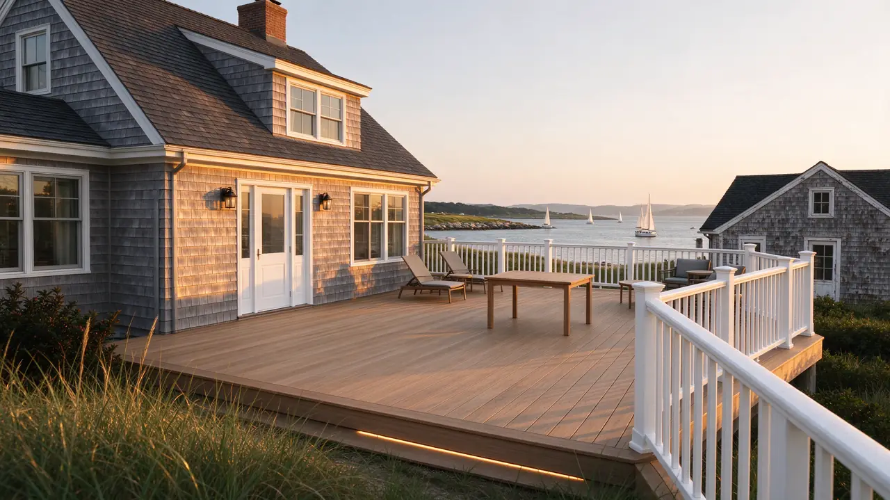 Coastal New England shingle house with a composite deck at golden hour (illustrative image)